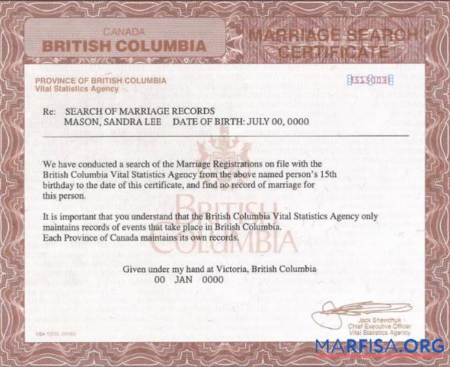 Downloadable Canada British Columbia marriage certificate template in PSD format